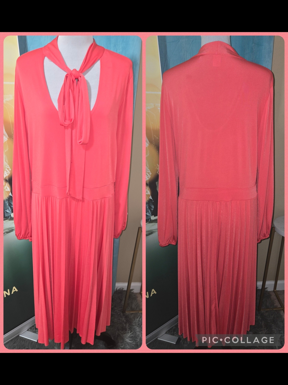 Women's Coral Tie-Neck Pleated Dress